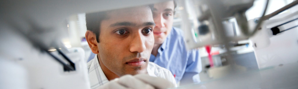 young man working in lab, viewed from behind equipment